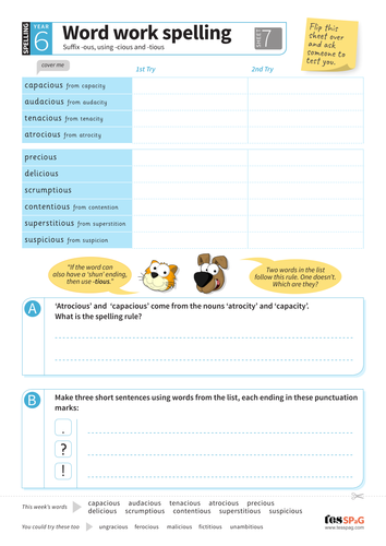 Suffix -ous, using -cious, -tious - Spelling Worksheet - Year 6 Spag