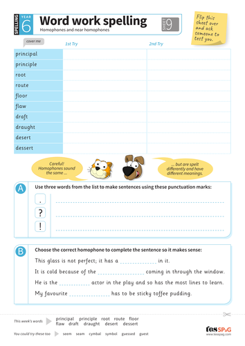 Homophones and near homophones - Spelling Worksheet - Year 6 Spag