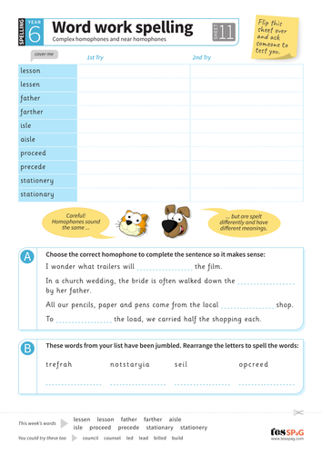 Complex homophones and near homophones - Spelling Worksheet - Year 6 Spag