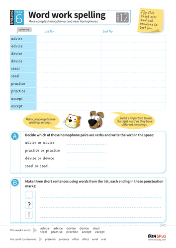 More Complex Homophones And Near Homophones Spelling Worksheet