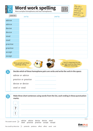 More complex homophones and near homophones - Spelling Worksheet - Year 6 Spag