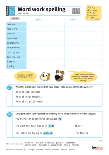 Word families - Spelling Worksheet - Year 6 Spag