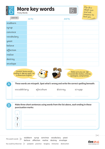 tricky words spelling worksheet 6 year 6 spag teaching resources