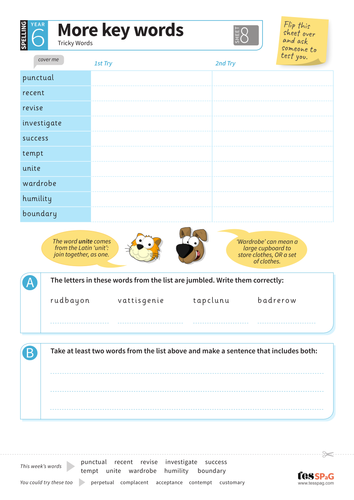 tricky words spelling worksheet 8 year 6 spag teaching resources