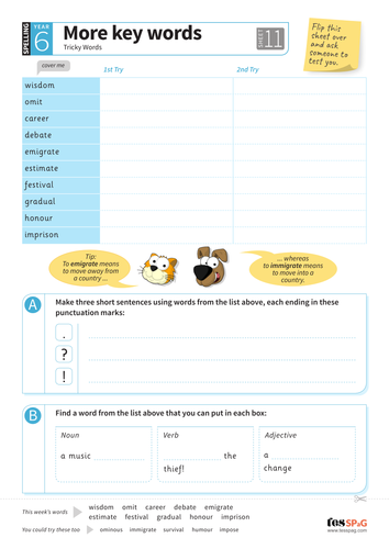 tricky words spelling worksheet 11 year 6 spag teaching resources
