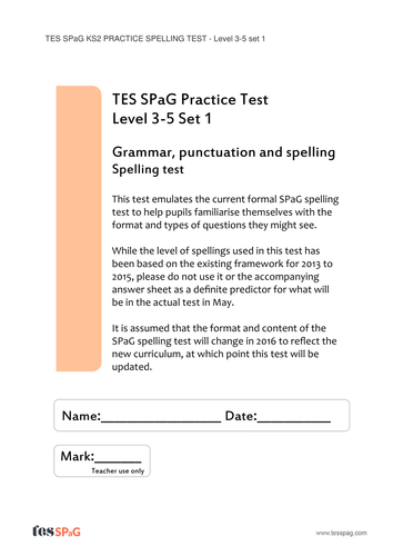 Spag KS2 Practice Tests - Levels 3-5 - Set 1