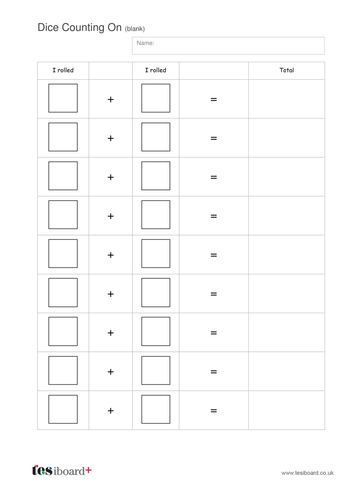 Addition to 10 - Adding Dice Worksheet (Blank) - KS1 Number