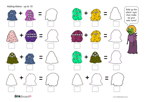 Addition to 10 - Adding Aliens: Adding up to 10 Worksheet - EYFS Number