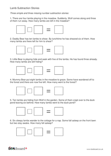 Subtraction to 10 - Lamb Subtraction Stories Worksheet - KS1 Number