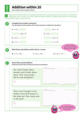 Addition up to 20 - Adding Near Doubles Worksheet - KS1 Number