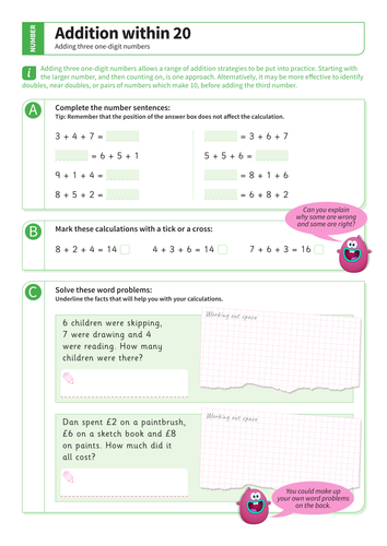 Addition up to 20 - Adding Three One-Digit Numbers Worksheet - KS1 Number