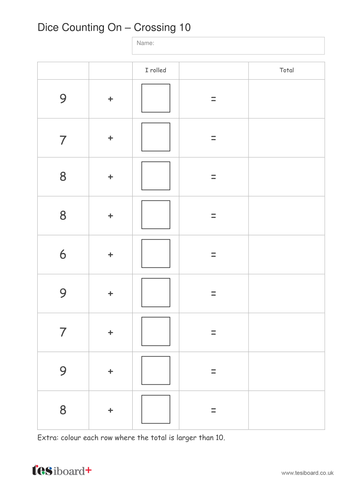 Addition to 20 - Dice Counting On Worksheet - KS1 Number