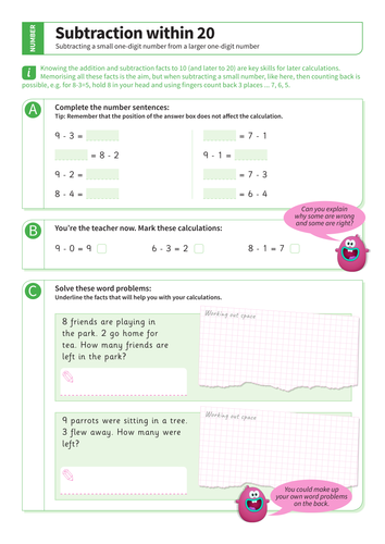 Subtraction within 20 - Subtracting One-Digit Numbers Worksheet - KS1 Number