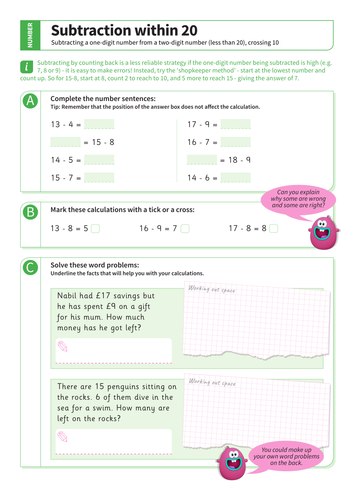Subtraction within 20 - Subtracting from a Two-Digit Number (Crossing 10) Worksheet - KS1 Number