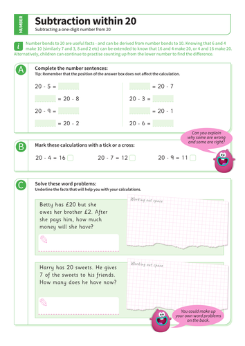 Subtraction within 20 - Subtracting a One-Digit Number from 20 Worksheet - KS1 Number