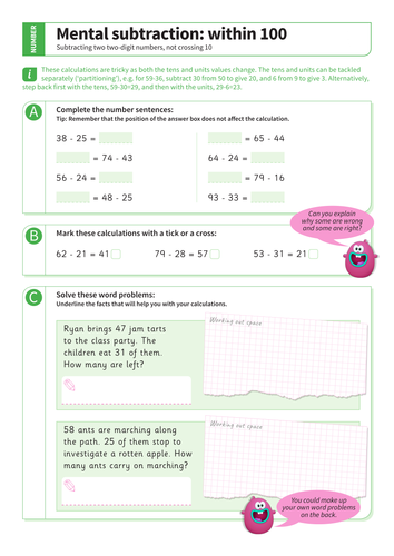 Subtraction within 100 - Subtracting Two Two-Digit Numbers Worksheet 2 - KS1 Number
