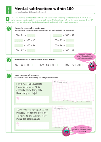 Subtraction within 100 - Subtracting a Two-Digit Number from 100 Worksheet - KS1 Number
