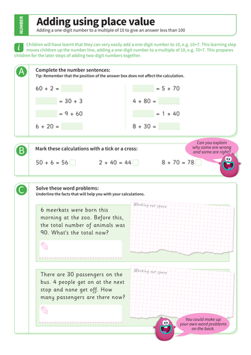 Addition up to 100 - Adding One-Digit Number to a Multiple of 10 Worksheet - KS1 Number
