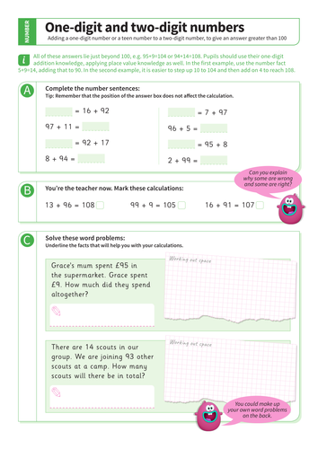 Addition over 100 - Adding a One-Digit or Teen Number to a Two-Digit Number Worksheet - KS2 Number