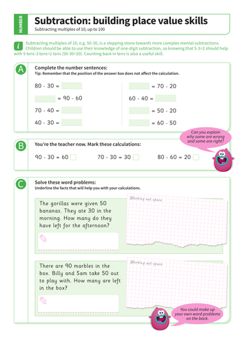 Subtraction within 100 - Subtracting Multiples of 10 Worksheet - KS2 Number