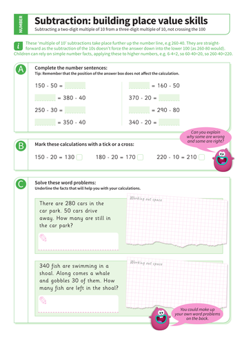 Subtraction over 100 - Subtracting a Multiple of 10 From a Three-Digit Multiple of 10 Worksheet 1 - KS2 Number
