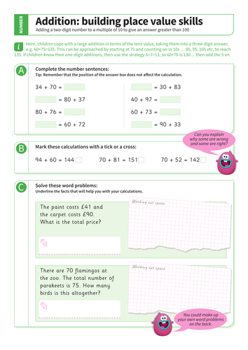 Addition over 100 - Adding a Two-Digit Number to a Multiple of 10 Worksheet - KS2 Number
