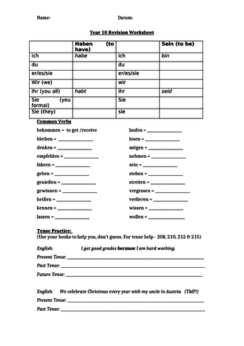 Verbs and Tenses Worksheet