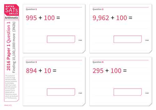 Adding 10, 100 and 1,000 - KS2 Maths Sats Arithmetic - Practice Worksheet