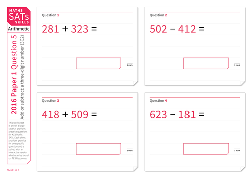 Adding and subtracting with three-digit numbers - KS2 Maths Sats Arithmetic - Practice Worksheet