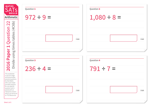 Divide numbers up to four-digits by one-digit numbers - KS2 Maths Sats Arithmetic - Practice Worksheet