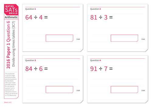 Divide using knowledge of times tables - KS2 Maths Sats Arithmetic - Practice Worksheet