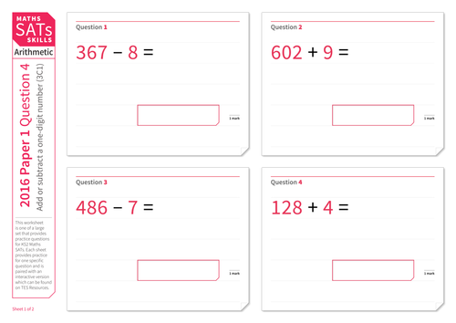 Adding or subtracting a one-digit number - KS2 Maths Sats Arithmetic - Practice Worksheet