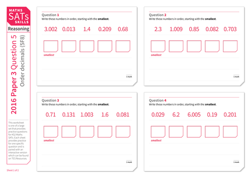 Ordering decimal numbers - KS2 Maths Sats Reasoning - Practice Worksheet
