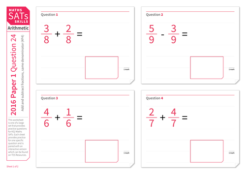 Add And Subtract Fractions With The Same Denominator - Ks2 Maths Sats Arithmetic - Practice Worksheet | Teaching Resources