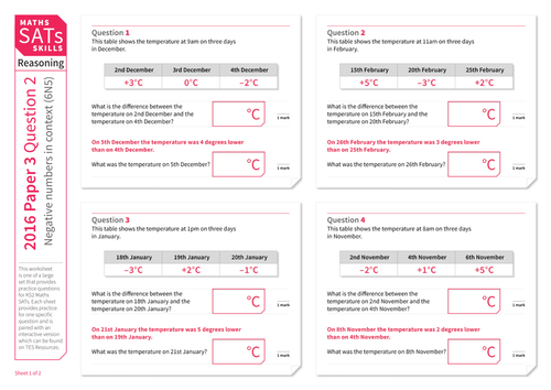 Negative numbers in context - KS2 Maths Sats Arithmetic - Practice Worksheet