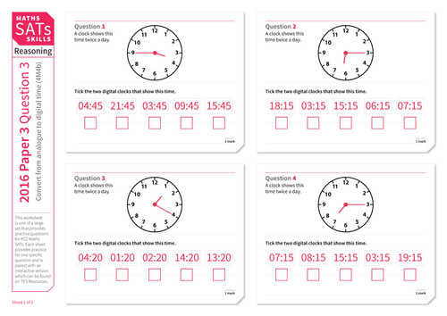 Convert time between analogue and digital - KS2 Maths Sats Reasoning - Practice Worksheet