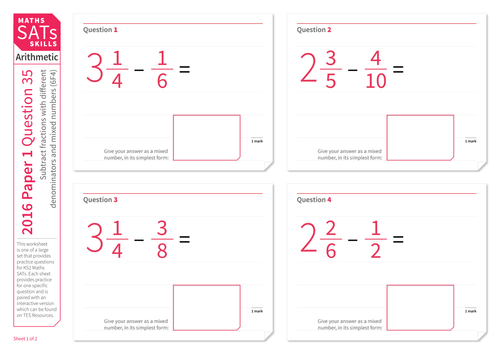 Subtract Fractions With Mixed Numbers - Ks2 Maths Sats Arithmetic - Practice Worksheet | Teaching Resources