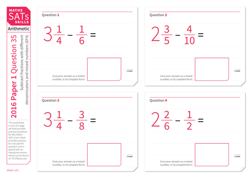 Subtract fractions with mixed numbers - KS2 Maths Sats Arithmetic - Practice Worksheet