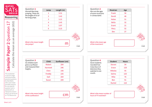 Calculate the mean value - KS2 Maths Sats Reasoning - Practice Worksheet
