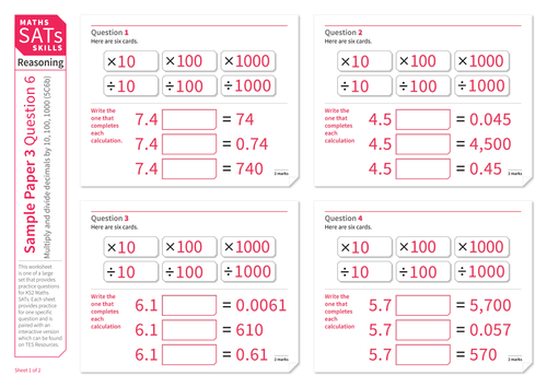 Multiply and divide decimals by 10, 100 and 1,000 - KS2 Maths Sats Reasoning - Practice Worksheet