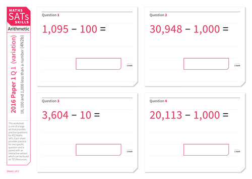 Subtract 10, 100 and 1,000 - KS2 Maths Sats Arithmetic - Practice Worksheet