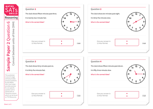 Convert between analogue and digital time - KS2 Maths Sats Reasoning - Practice Worksheet