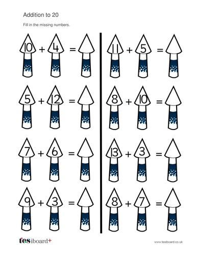 Addition To 20 Worksheet Firework Maths Bonfire Night KS1 