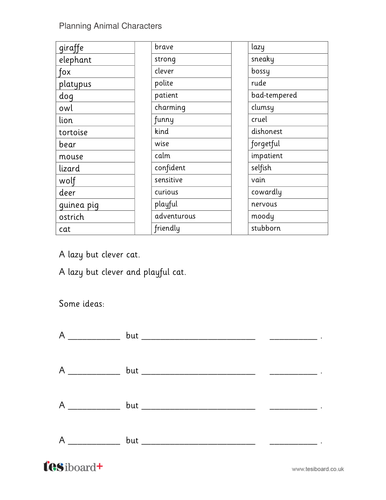 Planning Animal Characters Worksheet - Literacy KS1