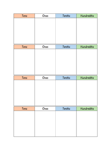 Basic Maths Pack: Printable Place Value Grids, Hundredths Grids and Ten Frame