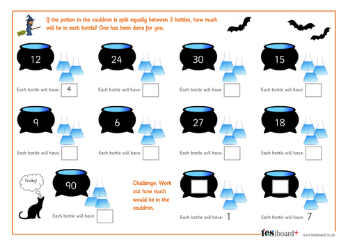 Dividing by 3 - Spooky Maths Worksheet - Halloween KS1/KS2