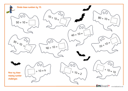 Dividing by 10 - Spooky Maths Worksheet - Halloween KS1/KS2