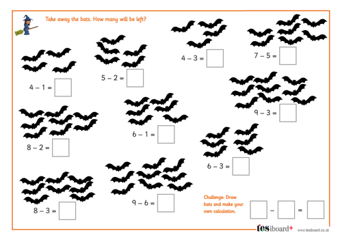 One-Digit Subtraction - Spooky Maths Worksheet - Halloween KS1/KS2