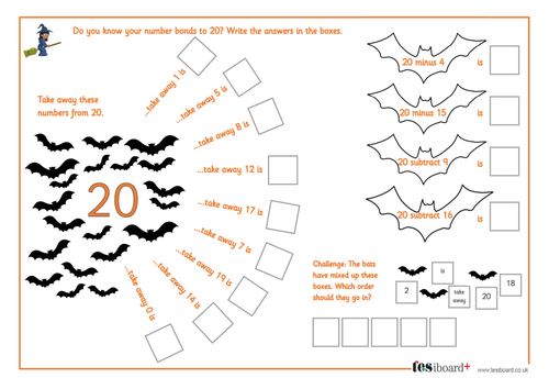 Subtraction From 20 Spooky Maths Worksheet Halloween KS1 KS2 
