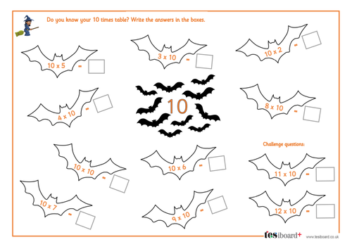 10 Times Tables - Spooky Maths Worksheet - Halloween KS1/KS2